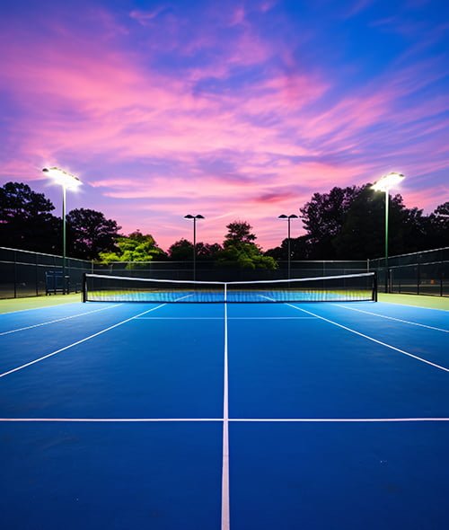 Tennis court in the evening constructed by South Coast Court Construction